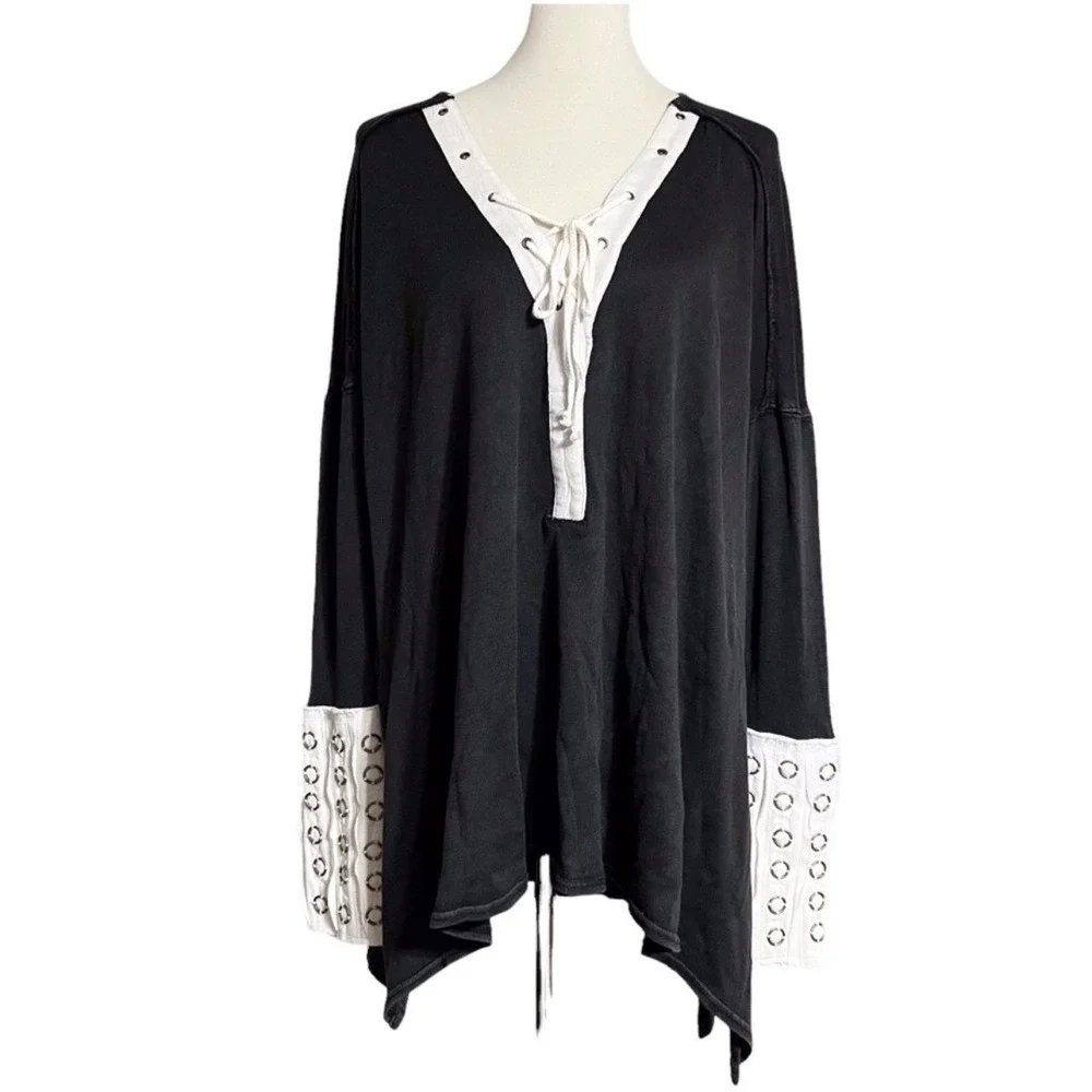 Free People Black Lace Up V Neck‎ Long Sleeve Grommet Cuff Oversized Tunic Top S